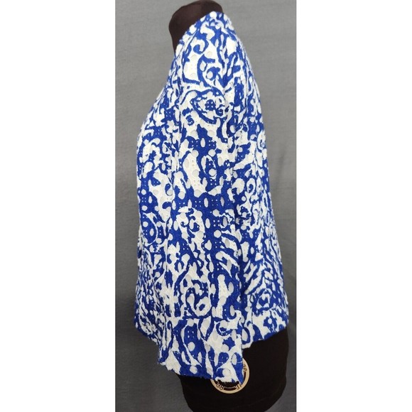 Chico's Size 0 Small White Royal‎ Blue 100% Cotton Eyelet Open Front Jacket - Picture 2 of 11